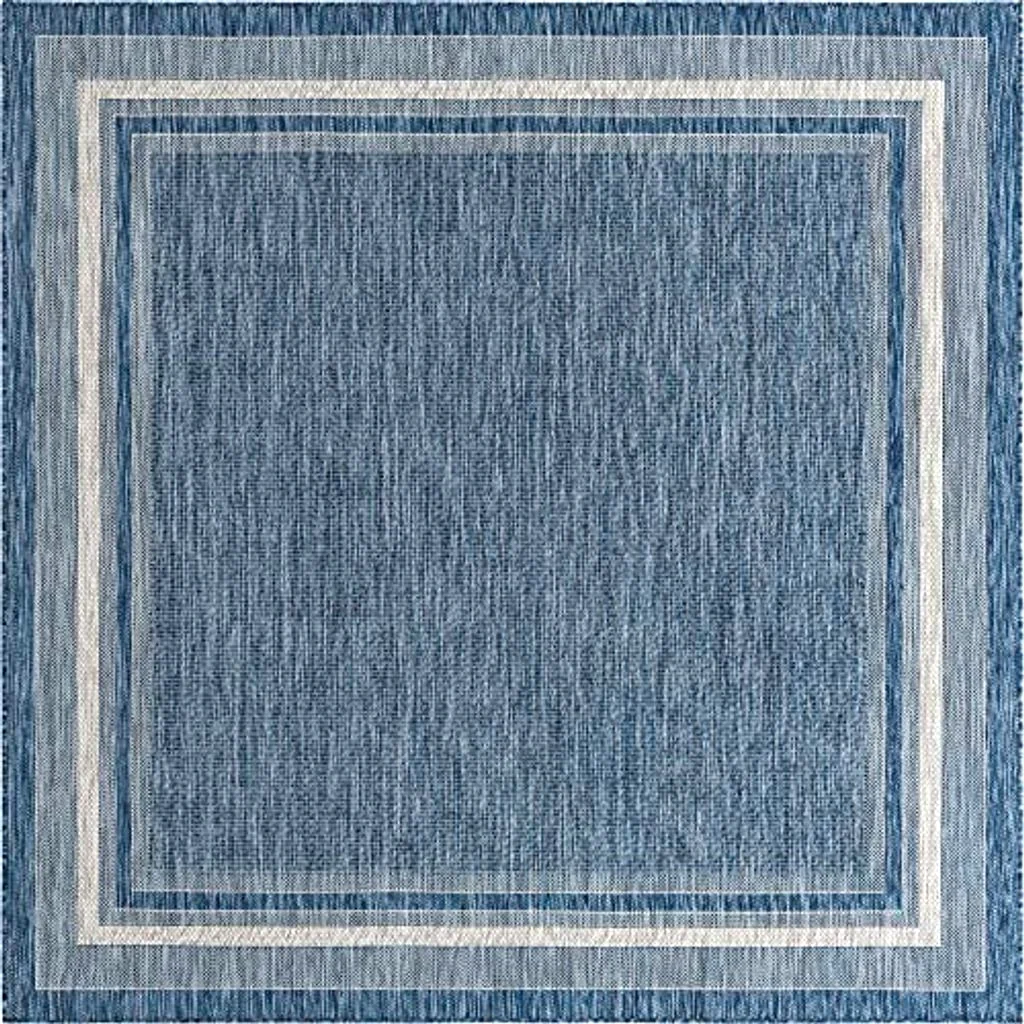 Unique Loom Outdoor Border Collection Area Rug - Soft Border (7' 10" Square, Blue/ Ivory) - 7′10″x7′10″