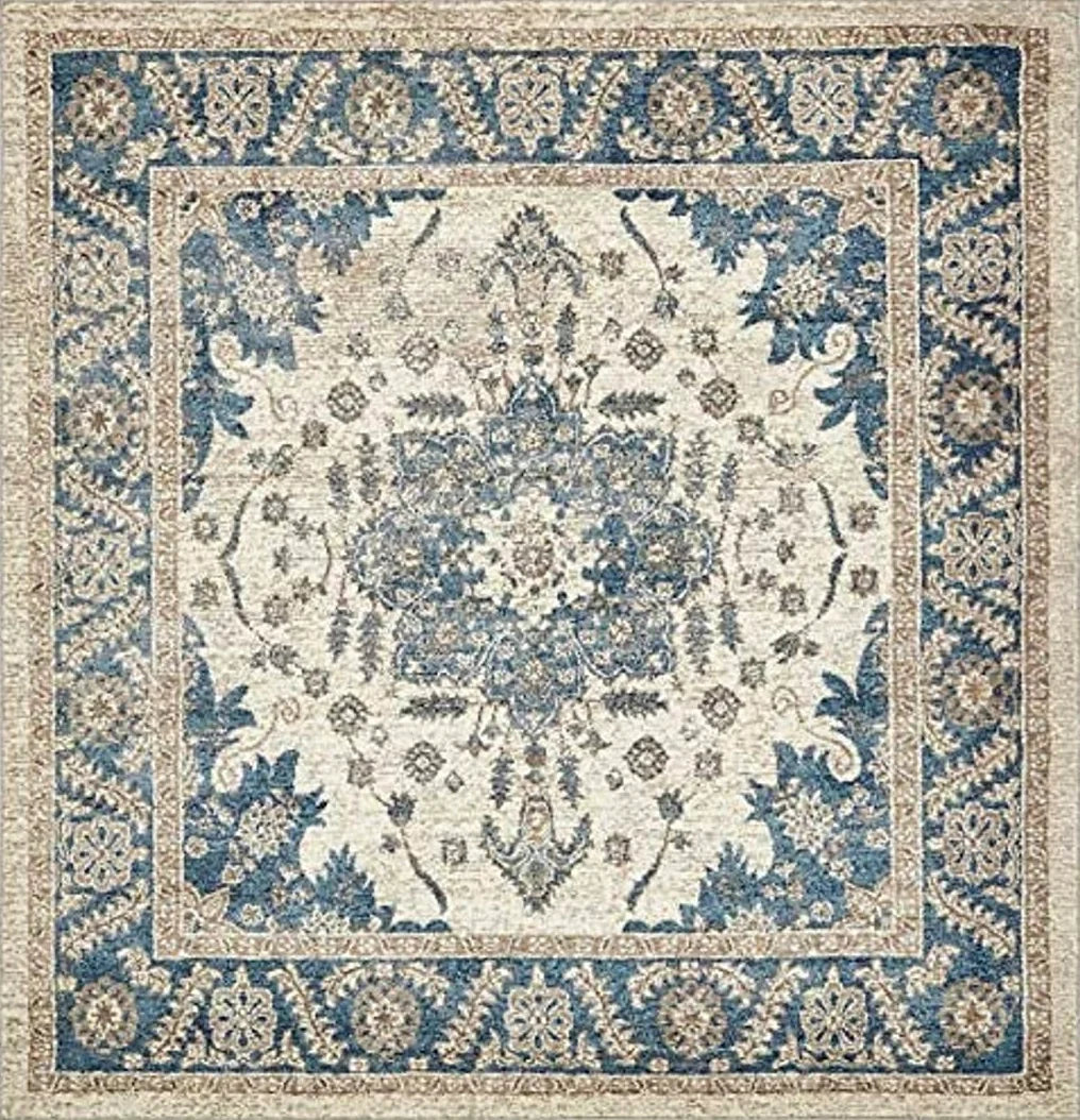 Unique Loom Salzburg Collection Classic Traditional Design Oriental Inspired Border Area Rug, 5 ft Square, Beige/Blue - 5′1″x5′1″