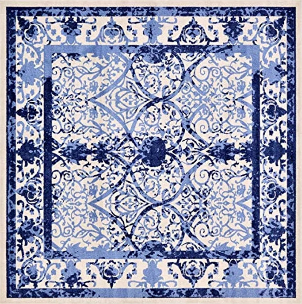 Unique Loom La Jolla Collection Vintage, Contemporary, Border, Ornate, Traditional Area Rug, 10 ft x 10 ft, Blue/Ivory - 9′10″x9′10″