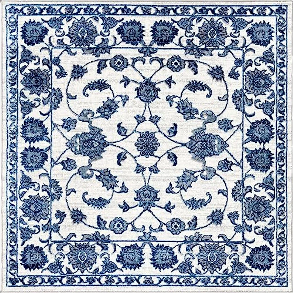 Unique Loom Boston Collection Area Rug - Floral (5' 3" Square, White Blue/ Gray) - 5′3″x5′3″