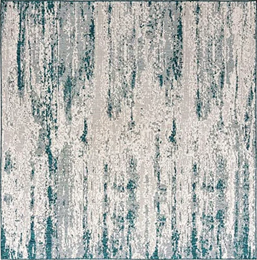 Unique Loom Outdoor Modern Collection Area Rug - Cartago (10' Square, Teal/ Ivory) - 10′0″x10′0″