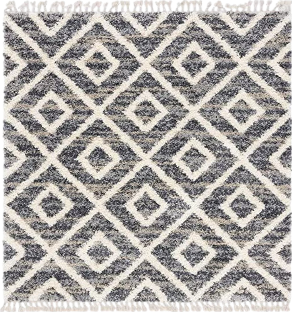 Unique Loom Hygge Shag Collection Area Rug - Diamond (8' Square, Gray/ Beige) - 8′0″x8′0″