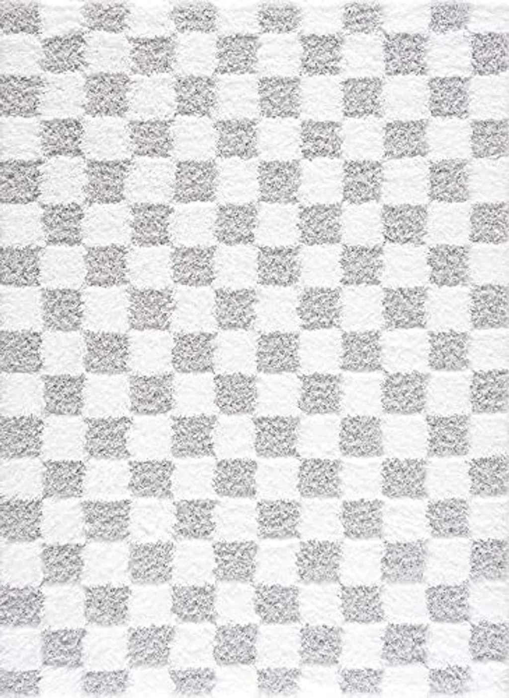 Hauteloom Atira Contemporary Checkered Fluffy Shag Area Rug - Modern Geometric Carpet Tiles for Living Room, Kids Room, Nursery - Plush Pile - Gray, Cream, White - 6'7" x 9'6" - 6′7″x9′6″