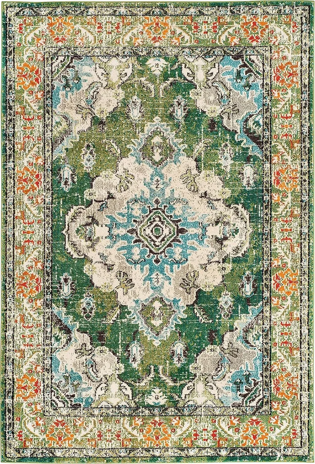SAFAVIEH Monaco Collection Area Rug - 8' x 10', Forest Green & Light Blue, Boho Medallion Distressed Design, Non-Shedding & Easy Care, Ideal for High Traffic Areas in Living Room, Bedroom (MNC243F) - 8′0″x10′0″